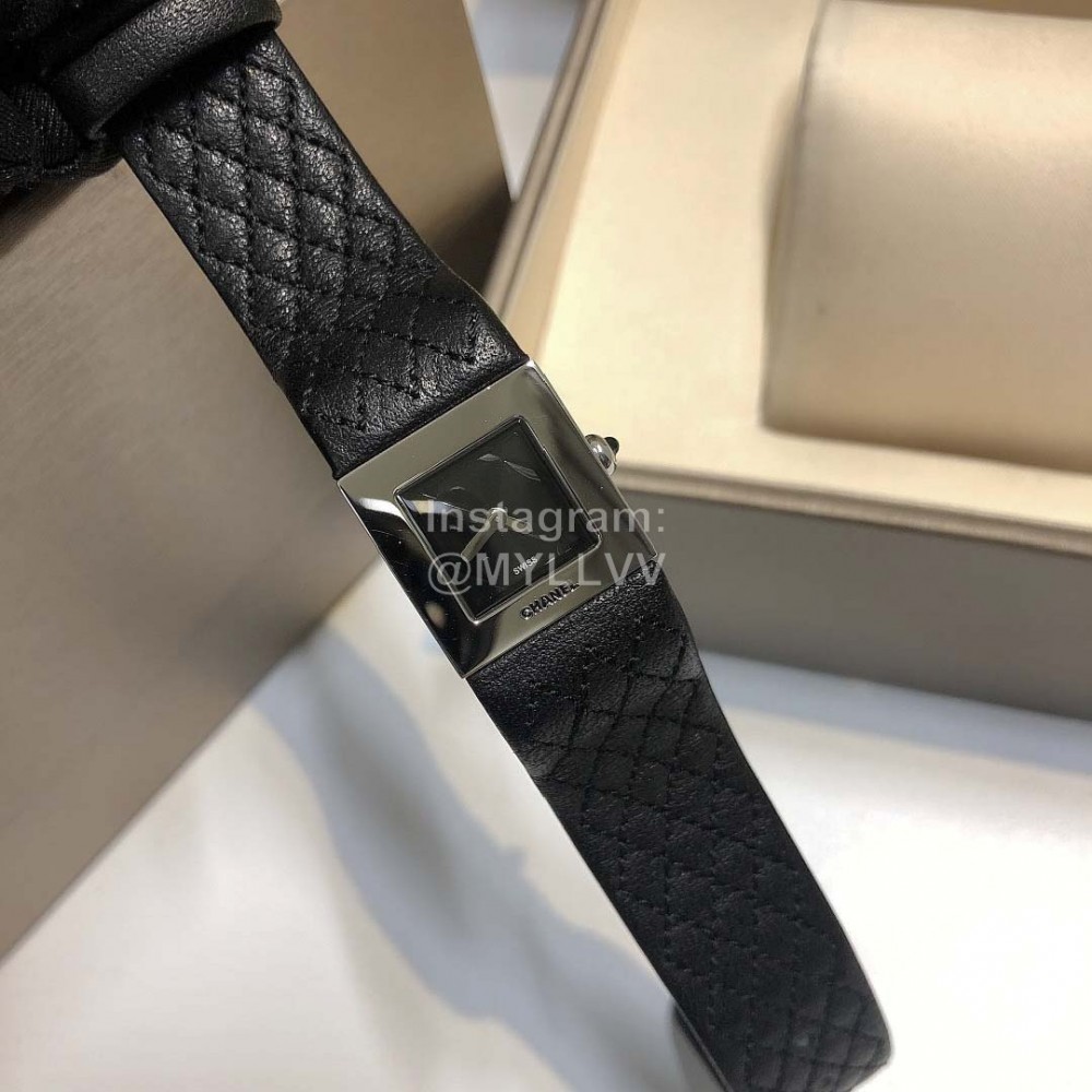 Chanel Steel Square Dial Leather Strap Watch Black