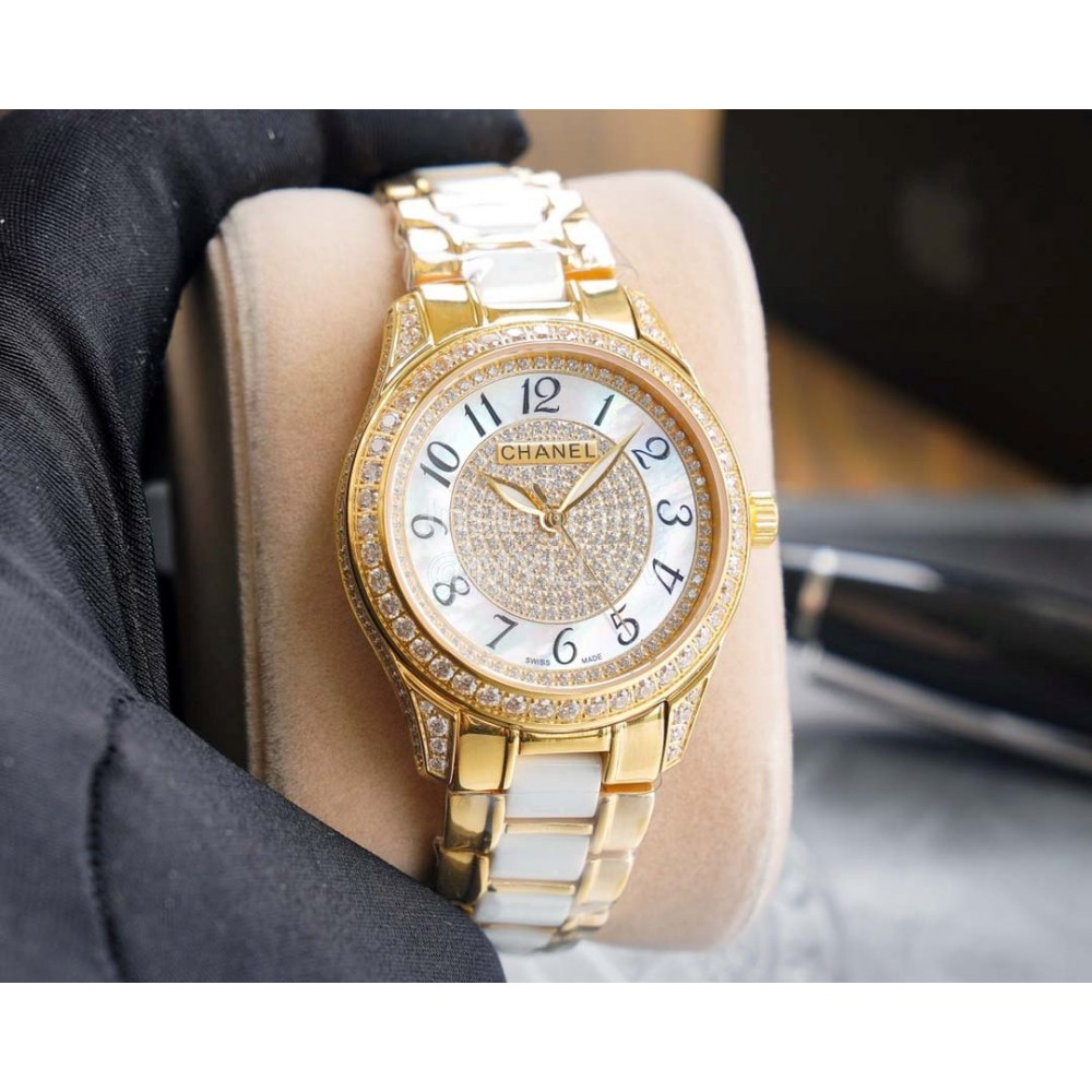 Chanel Diamond Dial Steel Strap Mechanical Watch For Women Gold