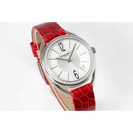 Chaumet 316 Refined Steel 33mm Dial Leather Strap Watch Red