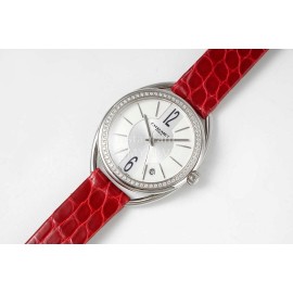 Chaumet 316 Refined Steel 33mm Dial Leather Strap Watch Red