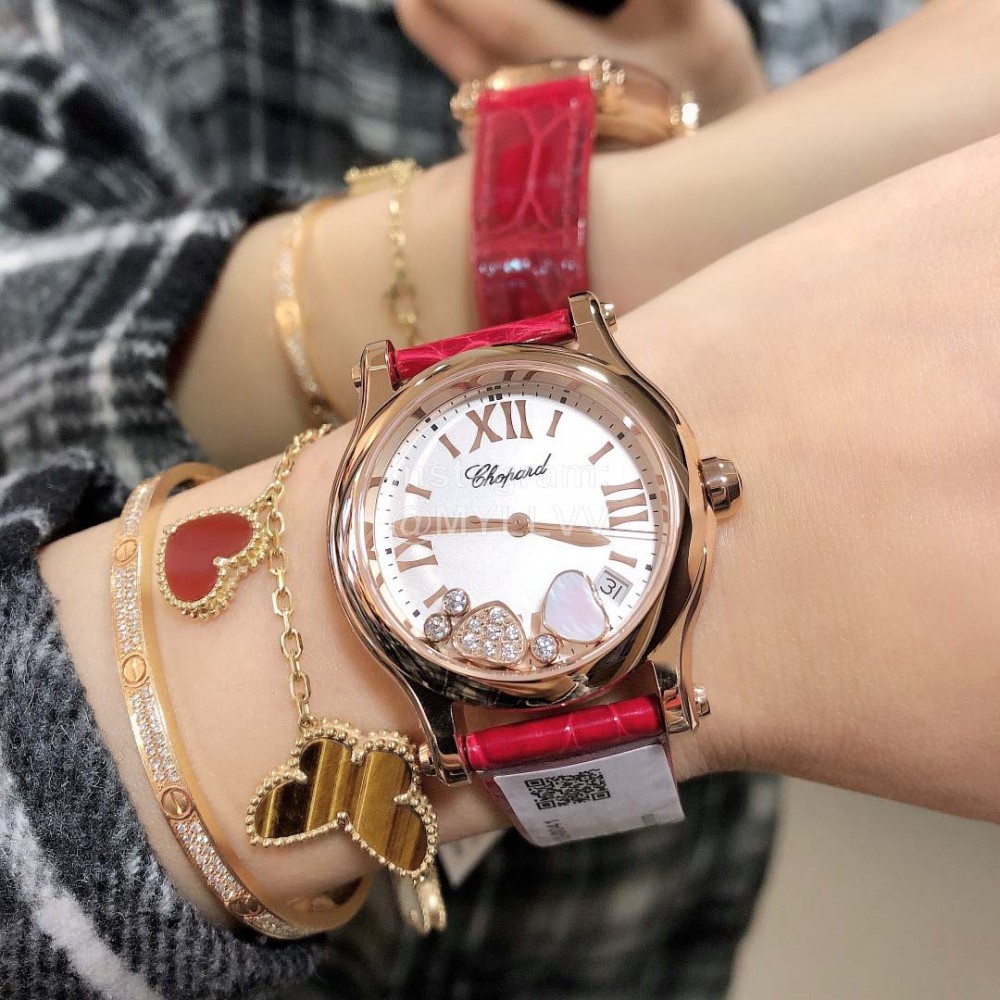 Chopard Happy Sport Fashion Leather Strap Watch For Women Red