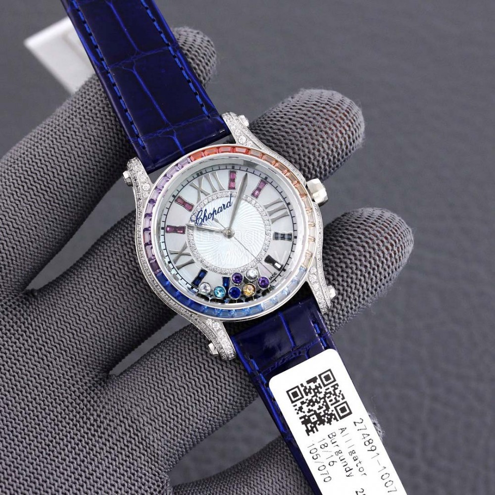 Chopard Happy Sport Series Colorful Diamond Leather Strap Watch Navy