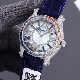 Chopard Happy Sport Series Colorful Diamond Leather Strap Watch Navy