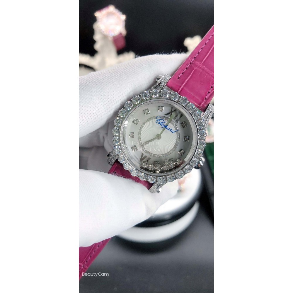 Chopard Diamond Dial Leather Strap Watch For Women Rose Red