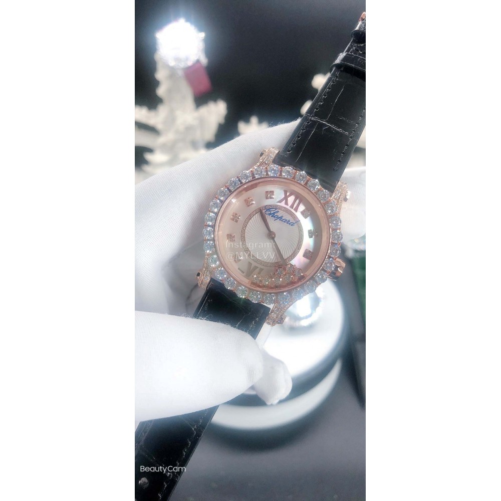 Chopard Diamond Dial Black Leather Strap Watch For Women