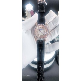 Chopard Diamond Dial Black Leather Strap Watch For Women
