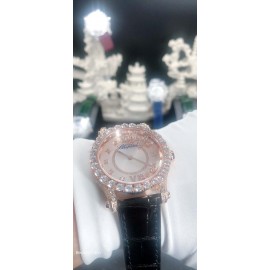 Chopard Diamond Dial Black Leather Strap Watch For Women