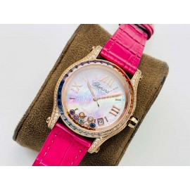 Chopard An Factory 316l Fine Steel Case Leather Strap Watch Rose Red