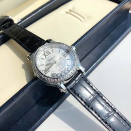 Chopard Diamond Roman Numeral Dial Black Leather Strap Watch