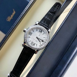 Chopard Diamond Roman Numeral Dial Black Leather Strap Watch