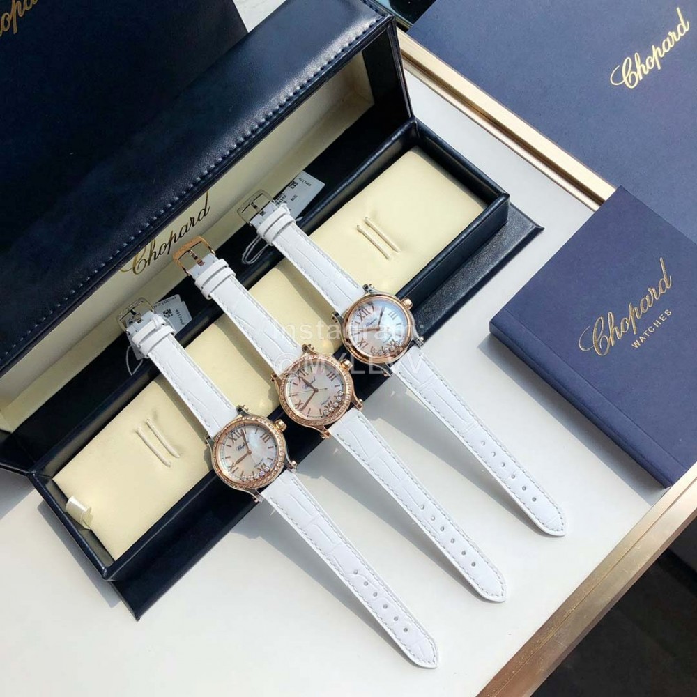 Chopard Diamond Roman Numeral Dial Leather Strap Watch White