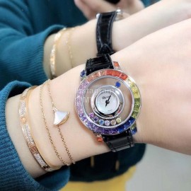 Chopard Fashion Diamond Black Leather Strap Watch