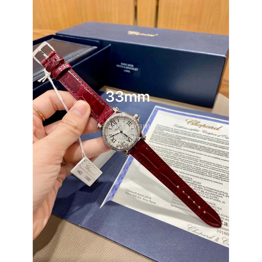 Chopard Happysport Roman Numeral Dial Leather Strap Watch Wine Red