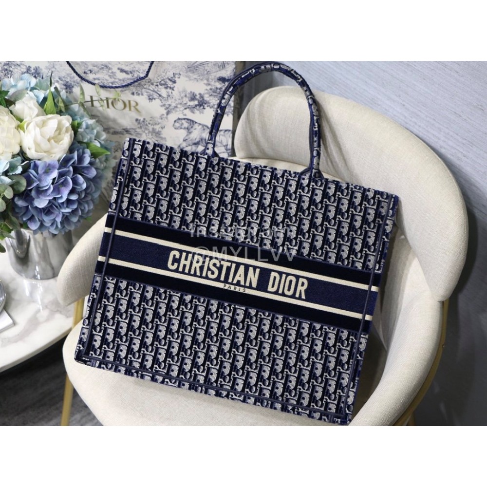 Dior Book Tote Blue Velvet Embroidery Ladies Tote Bag Large M1286