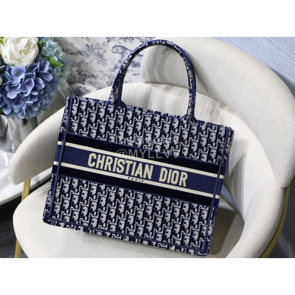 Dior Book Tote Blue Velvet Embroidered Ladies Tote Bag Small M1286