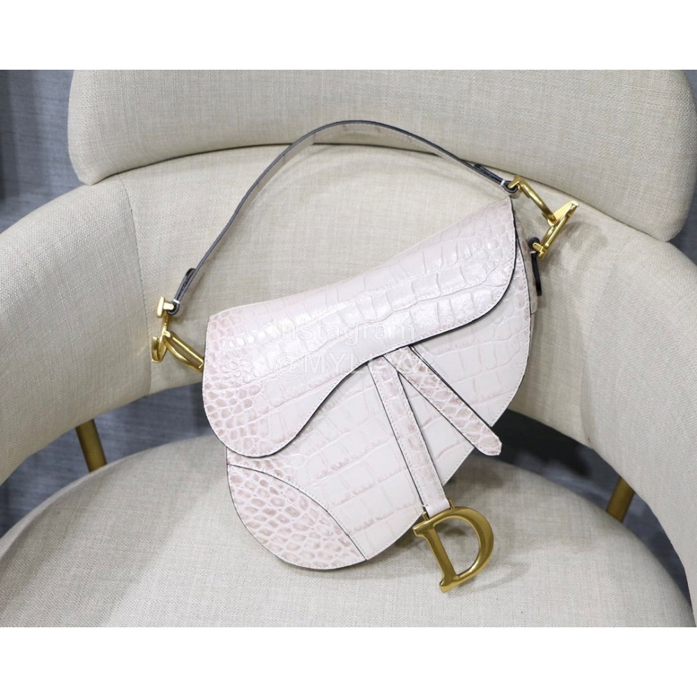 Dior Saddle Crocodile Grain Leather Large Saddle Bag White M9001