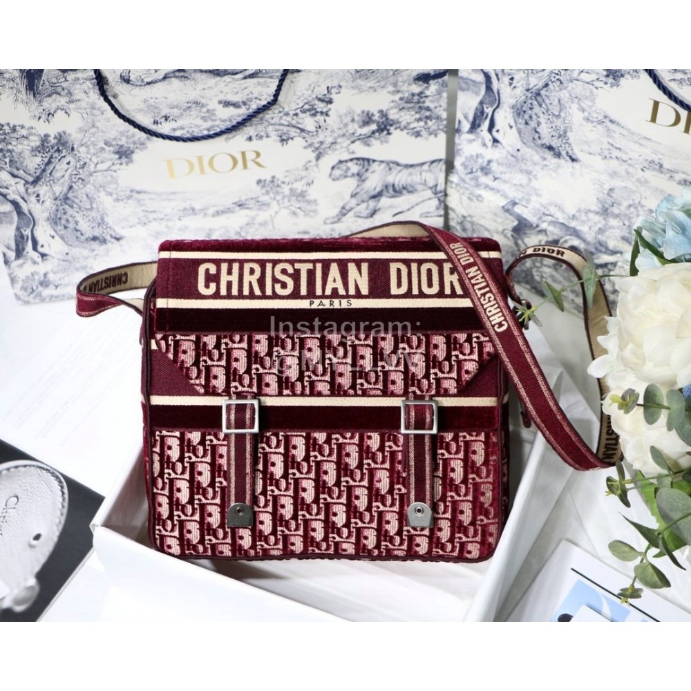 Dior Camp Oblique Printed Velvet Messenger Bag Burgundy M9020