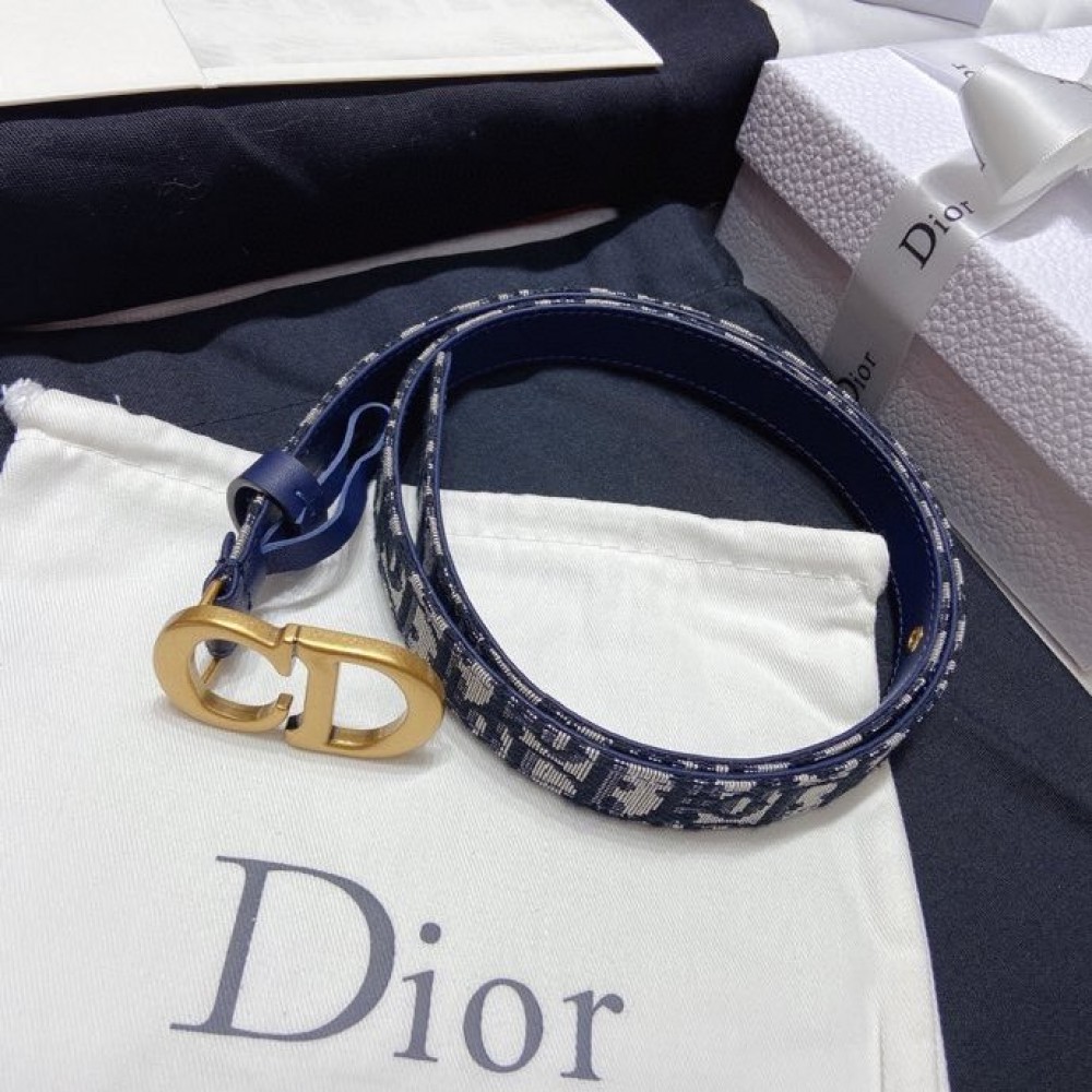 Dior Cowhide Pattern Textile Cloth Letter Buckle 20mm Belt Blue