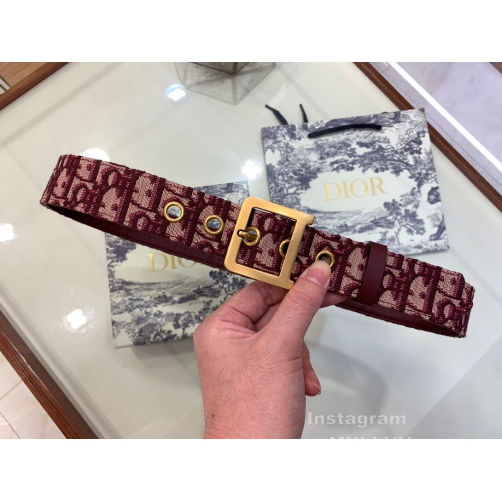 Dior Cowhide Pattern Textile Cloth Pin Buckle 20mm Belt Wine Red