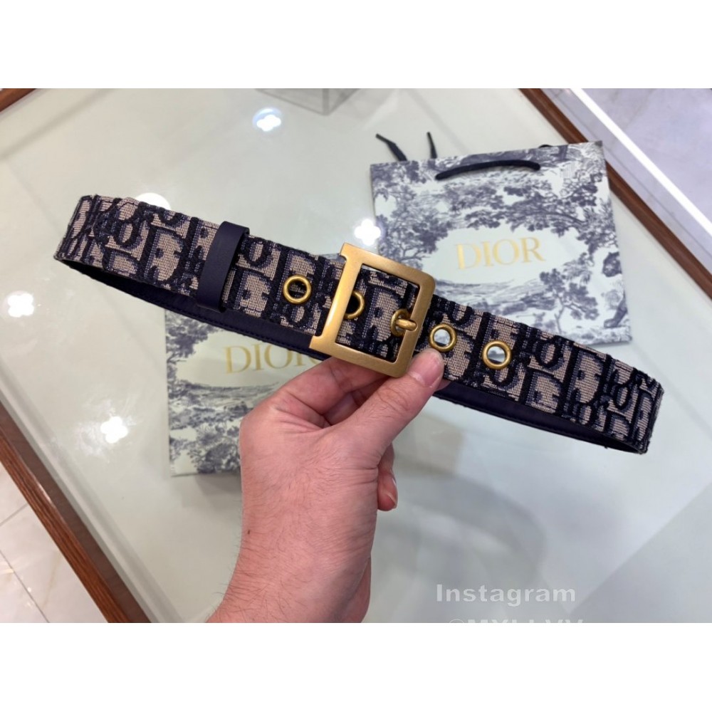 Dior Cowhide Pattern Textile Cloth Pin Buckle 20mm Belt Navy
