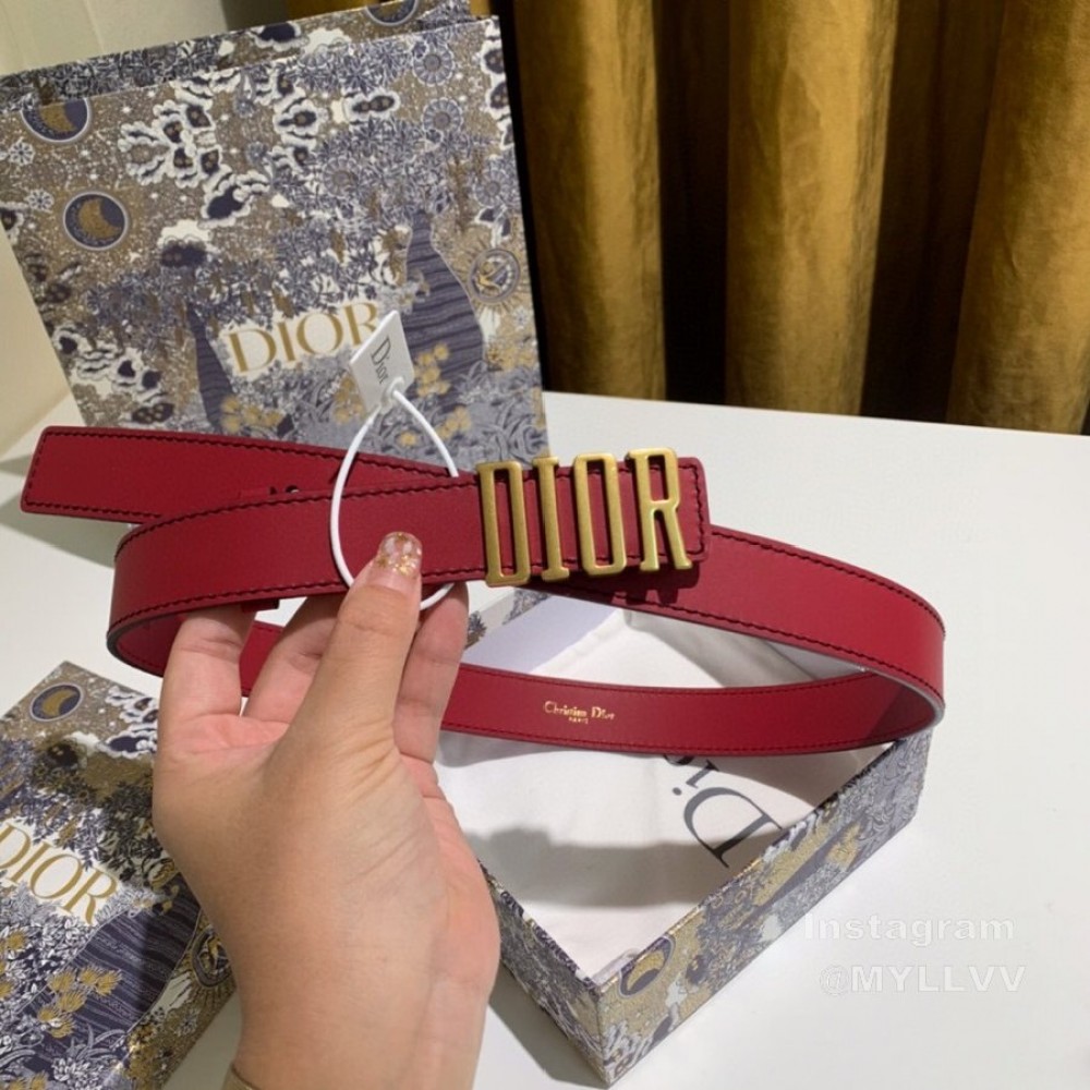 Dior Red Calf Leather Retro Metal Letters Buckle 30mm Belt