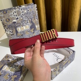 Dior Red Calf Leather Retro Metal Letters Buckle 30mm Belt