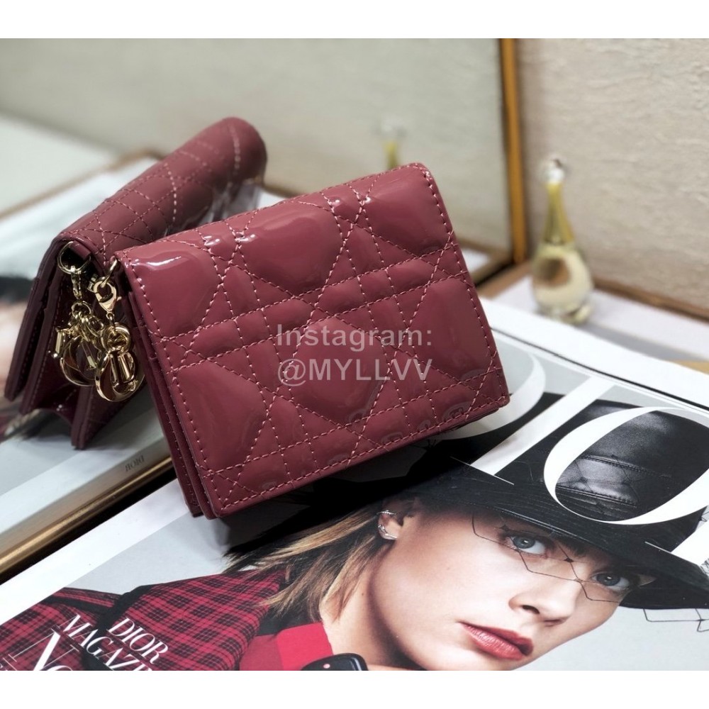 Dior Rattan Plaid Patent Leather Wallet Maroon 2257a