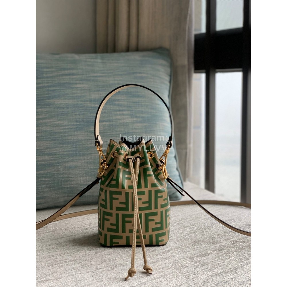 Fendi Embossed Printed Leather Bucket Bag Green