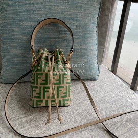Fendi Embossed Printed Leather Bucket Bag Green