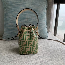 Fendi Embossed Printed Leather Bucket Bag Green