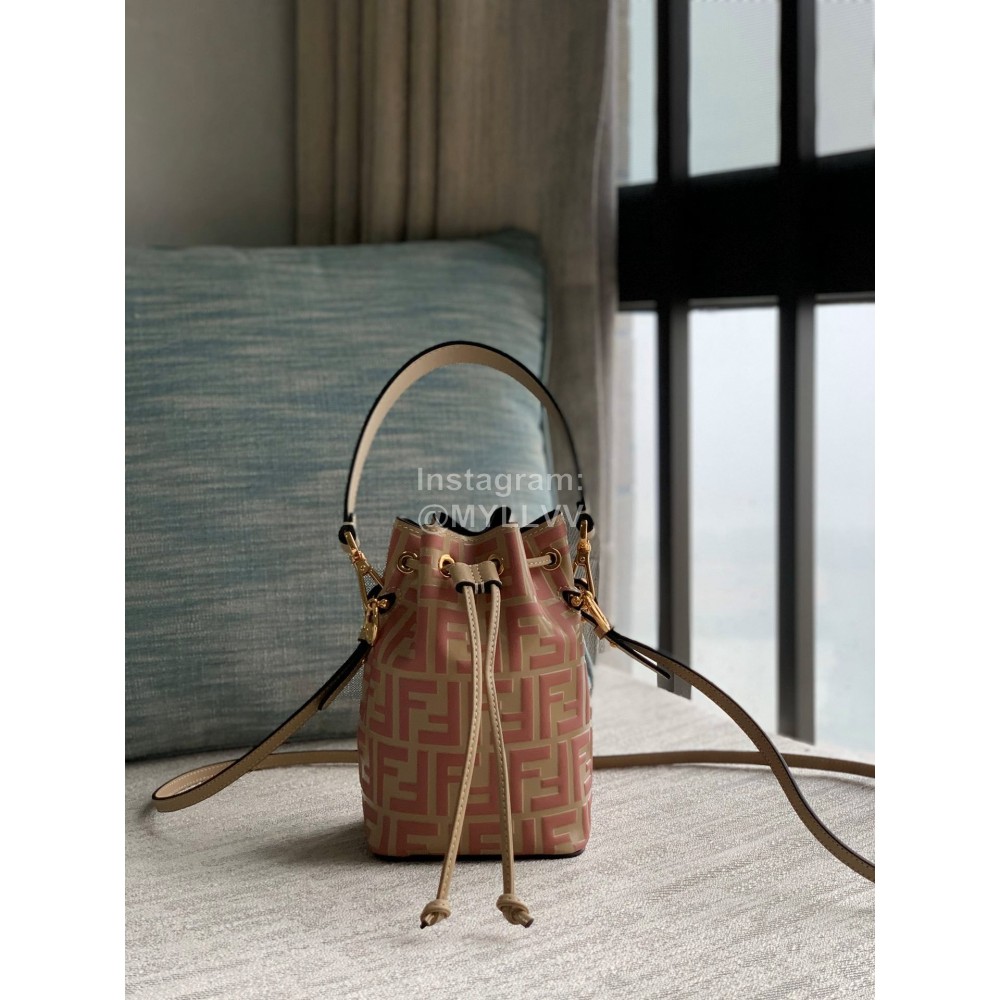 Fendi Embossed Printed Leather Bucket Bag Red