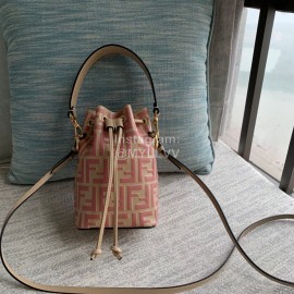 Fendi Embossed Printed Leather Bucket Bag Red