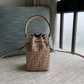 Fendi Embossed Printed Leather Bucket Bag Coffee