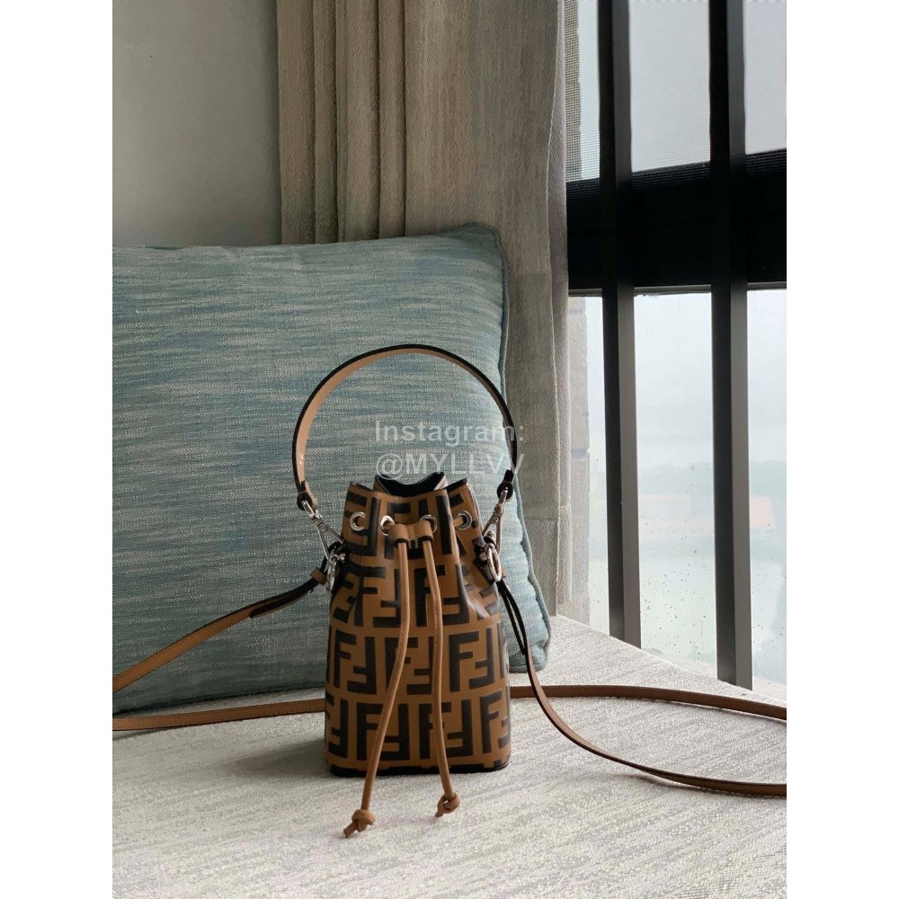 Fendi Embossed Printed Leather Bucket Bag Brown