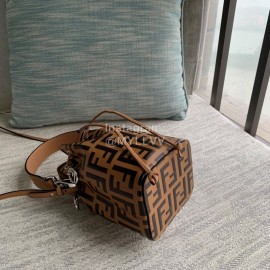 Fendi Embossed Printed Leather Bucket Bag Brown