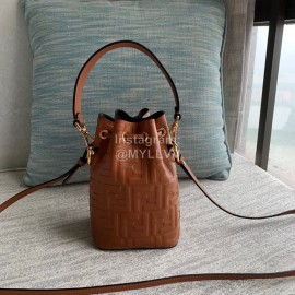 Fendi Brown Embossed Printed Leather Bucket Bag