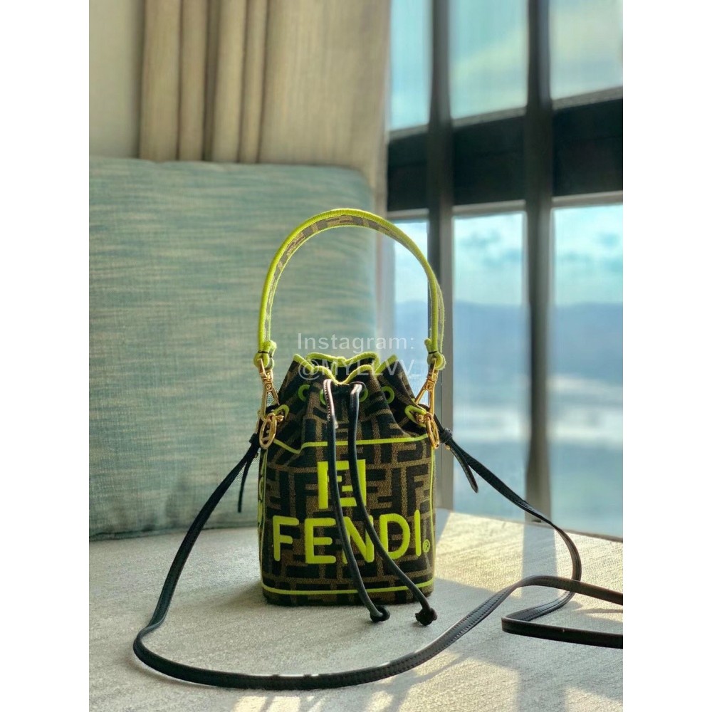 Fendi Embroidery Letter Drawstring Portable Bucket Bag Yellow