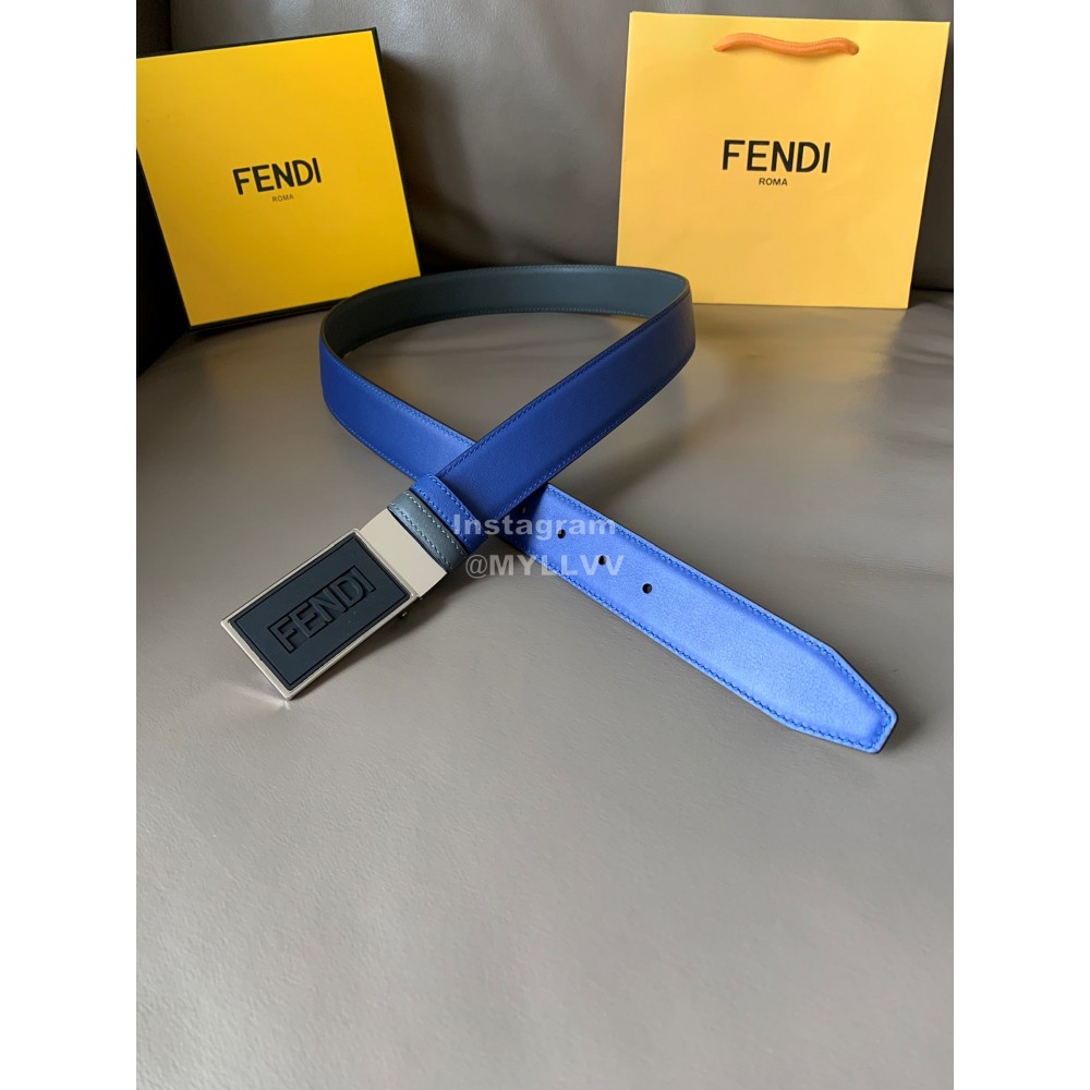 Fendi New Calf Leather Swivel Buckle 34mm Belt For Men Blue
