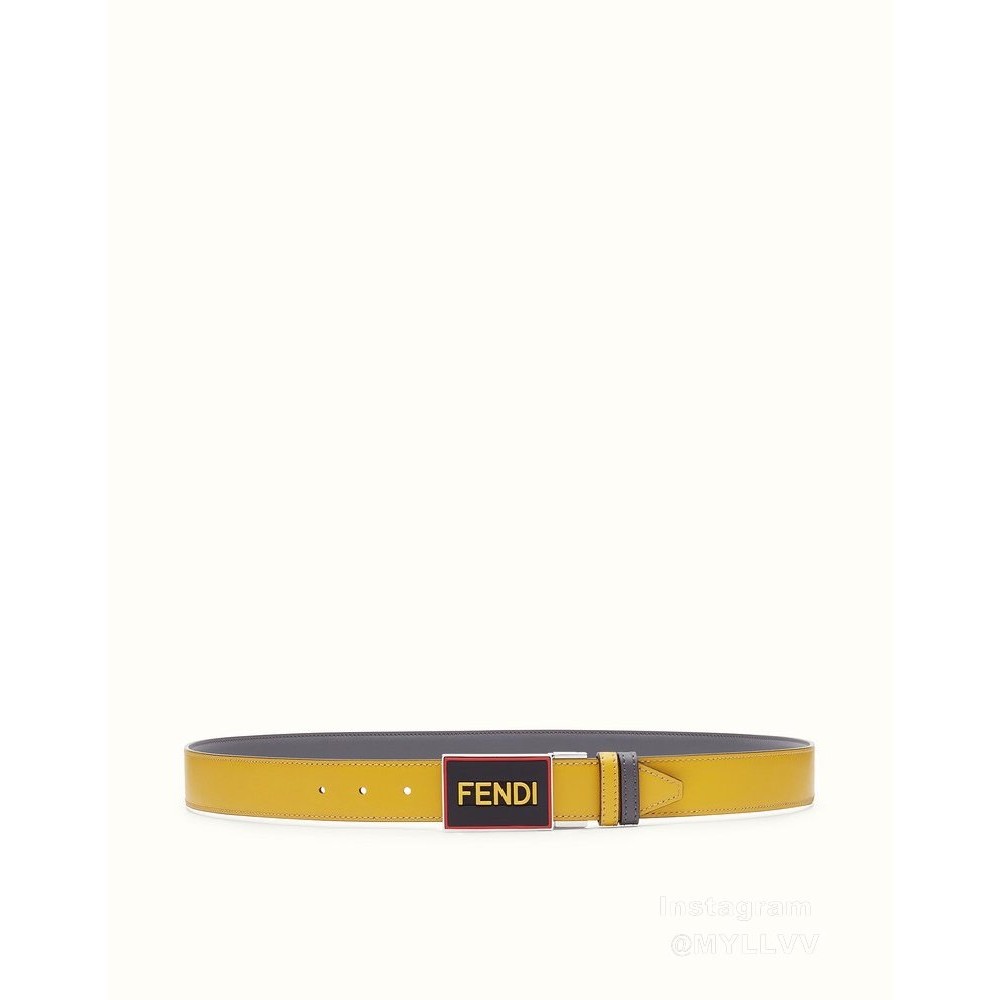 Fendi New Calf Leather Swivel Buckle 34mm Belt For Men Yellow