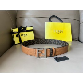 Fendi Brown Cuoio Romano Calf Leather Silver FF Buckle Belt For Men