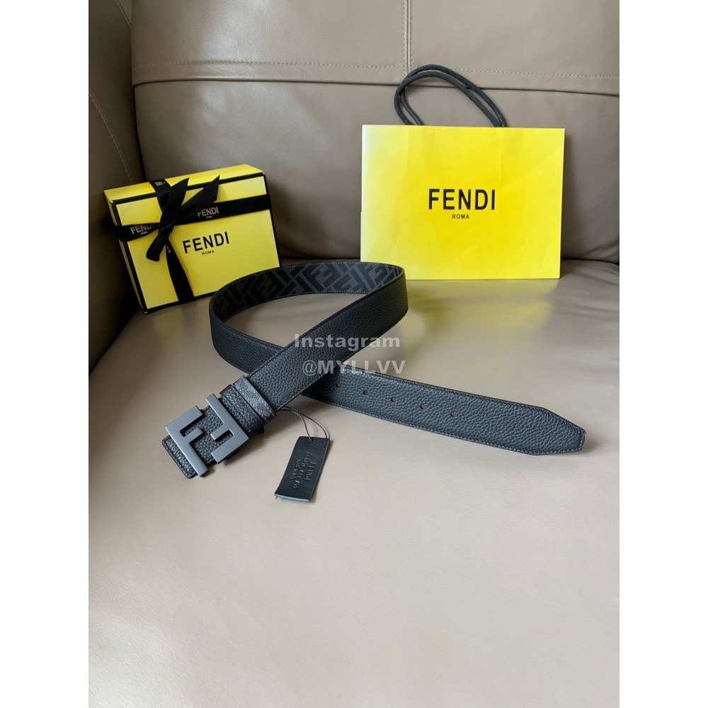 Fendi Gray Cuoio Romano Calf Leather Black FF Buckle Belt For Men