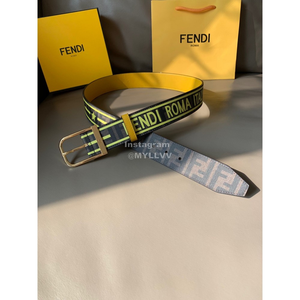 Fendi New Printed Calf Leather Canvas Pin Buckle 40mm Belt Yellow