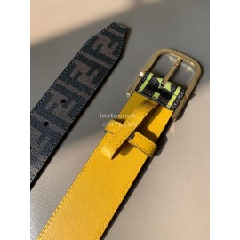 Fendi New Printed Calf Leather Canvas Pin Buckle 40mm Belt Yellow