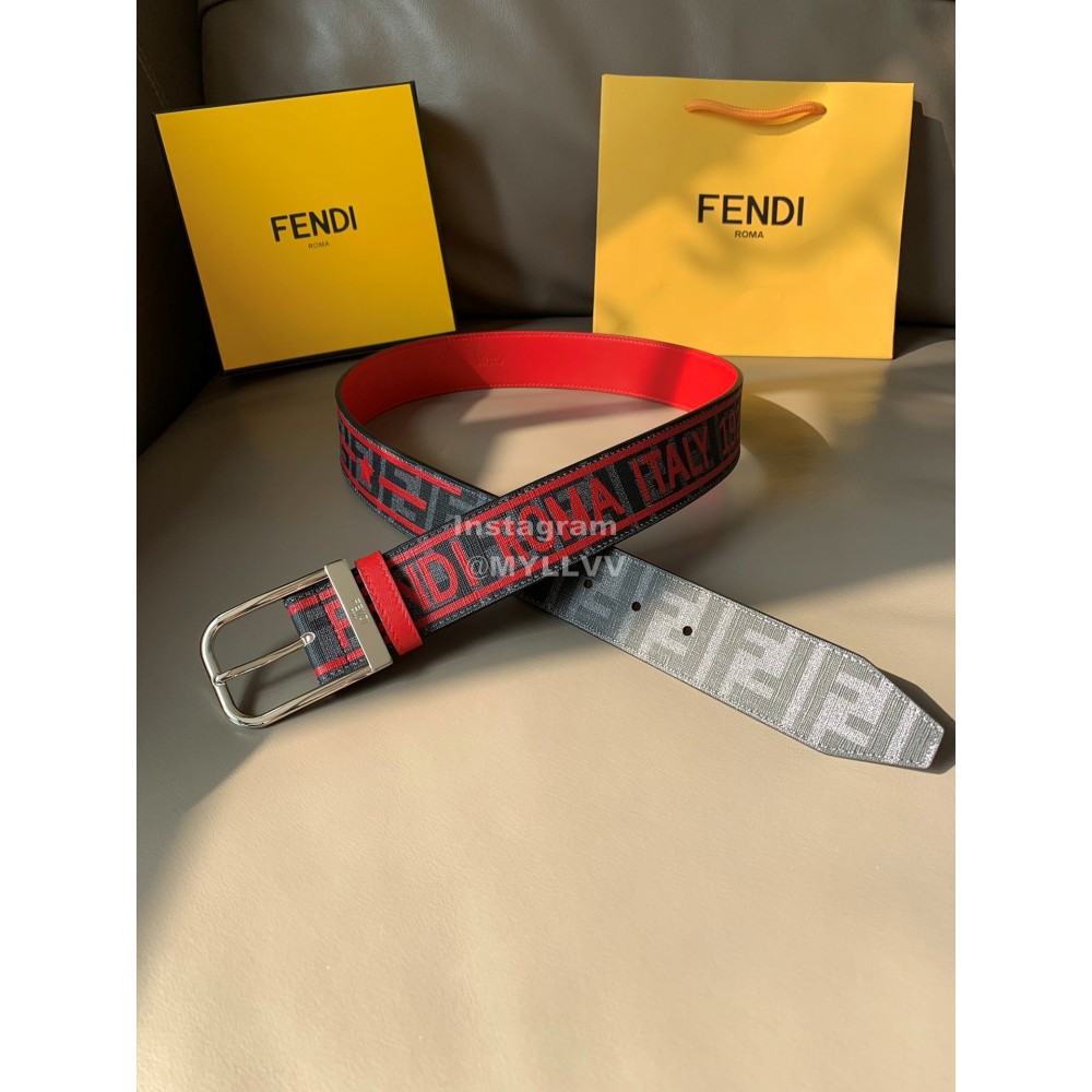 Fendi New Printed Calf Leather Canvas Pin Buckle 40mm Belt Red