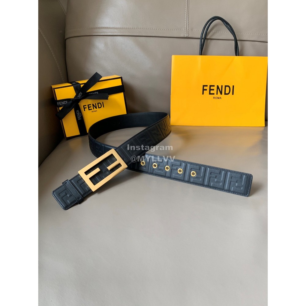 Fendi FF Embossed Cowhide Gold Buckle 40mm Baguette Belt 