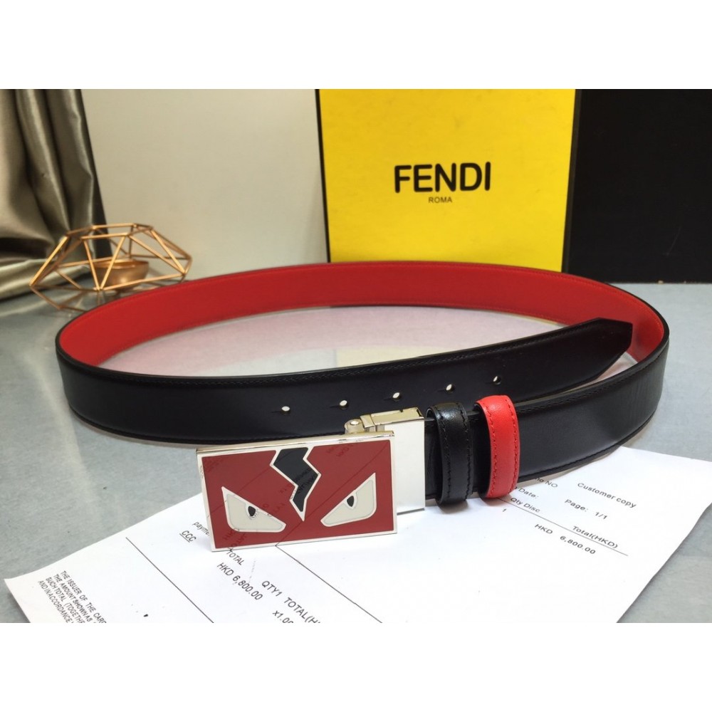 Fendi Calf Leather Monster Enamel Buckle 35mm Belt Red