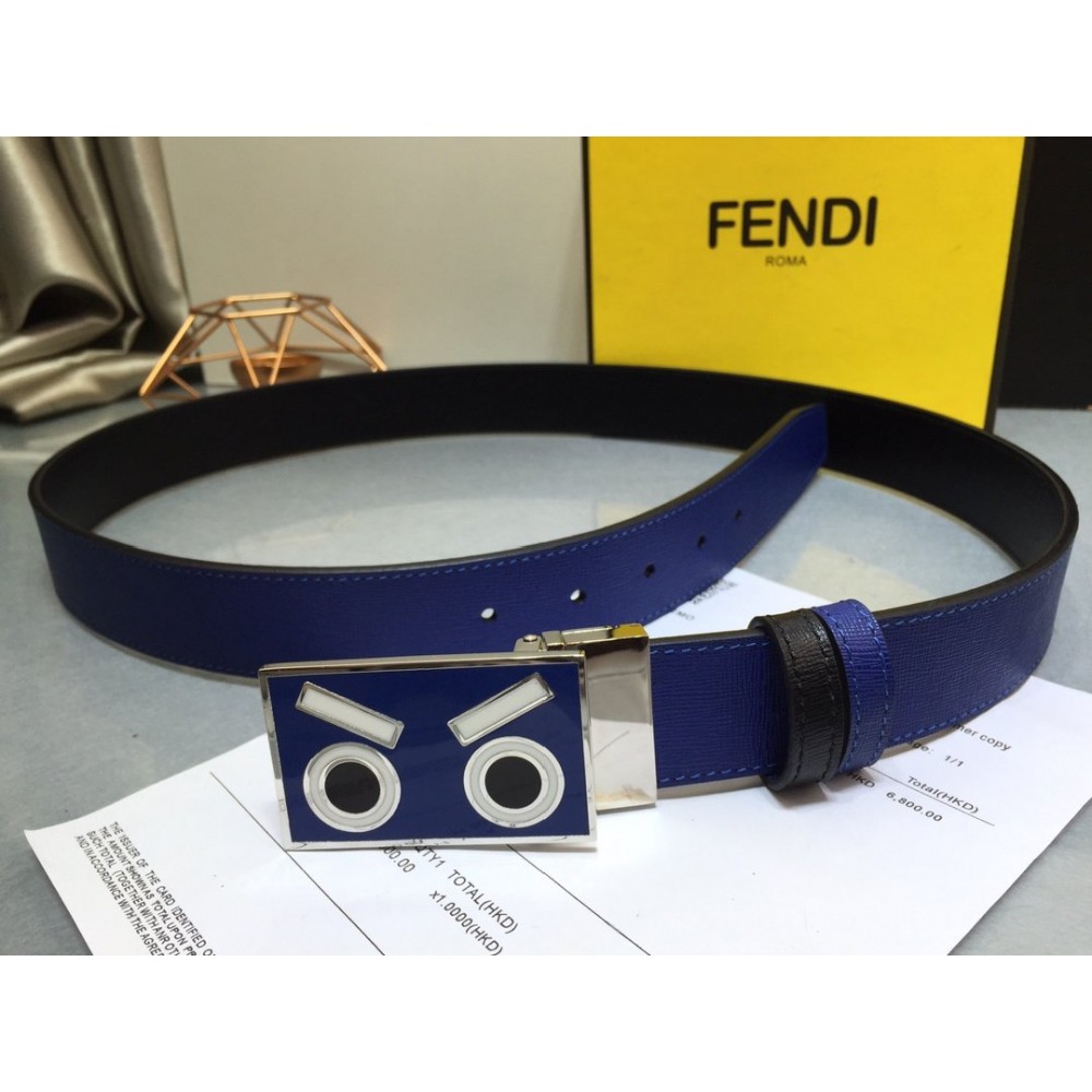Fendi Blue Calf Leather Monster Enamel Buckle 35mm Belt