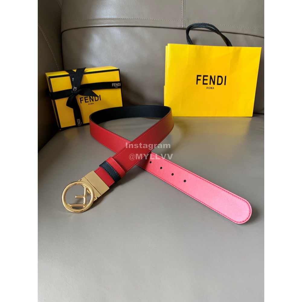 Fendi Double Side Calf Leather Gold Round Buckle 34mm Belt Red