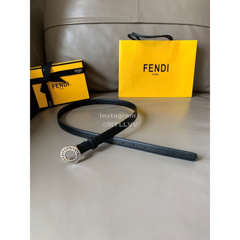 Fendi Calf Leather Silver Hollow Circle Buckle 20mm Belt Black 
