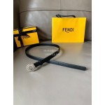 Fendi Calf Leather Silver Hollow Circle Buckle 20mm Belt Black 